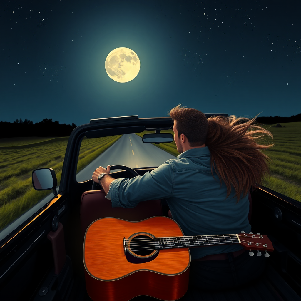 An image of a young couple driving down country roads in the middle of the night with the moon out and the stars above in their pickup truck with the top down. The guy is in the driver's seat. The woman is in the passenger seat. There is a guitar in the flat bed. The woman's hair is blowing in the wind. The guy has his arm around the woman.