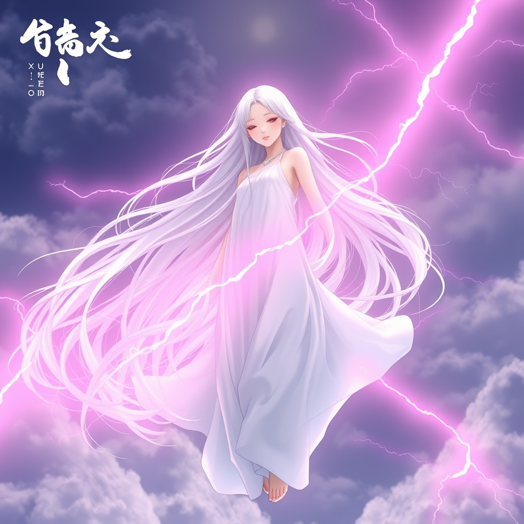 XUER large lightning Mantra,1girl,solo,long hair,closed mouth,closed eyes,white hair,sky,cloud,white dress,floating hair,cloudy sky,facing viewer,long dress,electricity,pink lightning, realistic,highly detailed,ultra-high resolution,32K UHD,sharp focus,best-quality,masterpiece,masterful details,temperate atmosphere,with a high-end texture,concept art, <lora:绪儿 五雷决 XUER large lightning Mantra:0.8>,midair,eyeshadow,makeup,