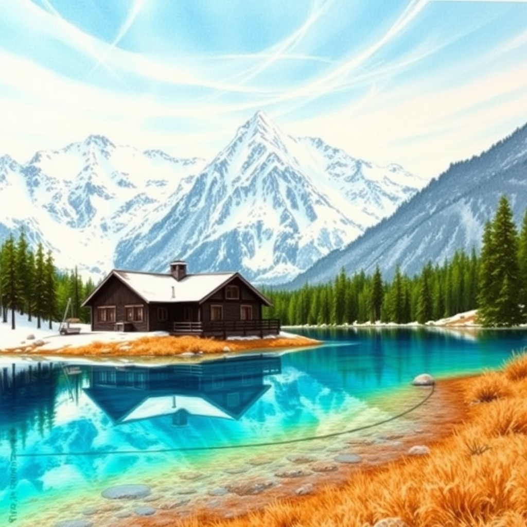 A refreshing landscape with a tranquil lake in the foreground, reflecting breathtaking snow-covered peaks in the background. This scene captures a quiet alpine house made of dark wood situated near the water's edge, with a nearby ski lift tower visible. The water is crystal clear, showcasing vibrant turquoise tones that beautifully contrast with the earthy browns and greens of the surrounding terrain. The sky is a soft blue with wispy clouds, adding to the serene atmosphere. This is expressed through pastel drawing.