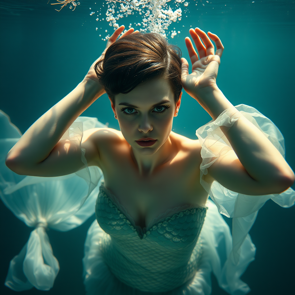 The Bride of Frankenstein as a mermaid. She's floating underwater with arms up. She's looking intensely at the viewer of the photo. The eye contact is palpable and mystical. Her short hair floats like a beautiful nimbus around her head and her shiny scaled tail is curled beside her. Gossamer Diaphanous. HD DSLR Photo