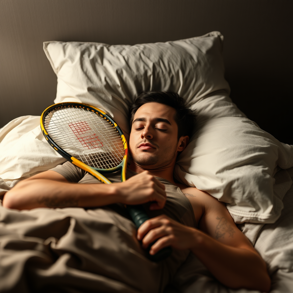 Sleeping man clutching his squash racquet