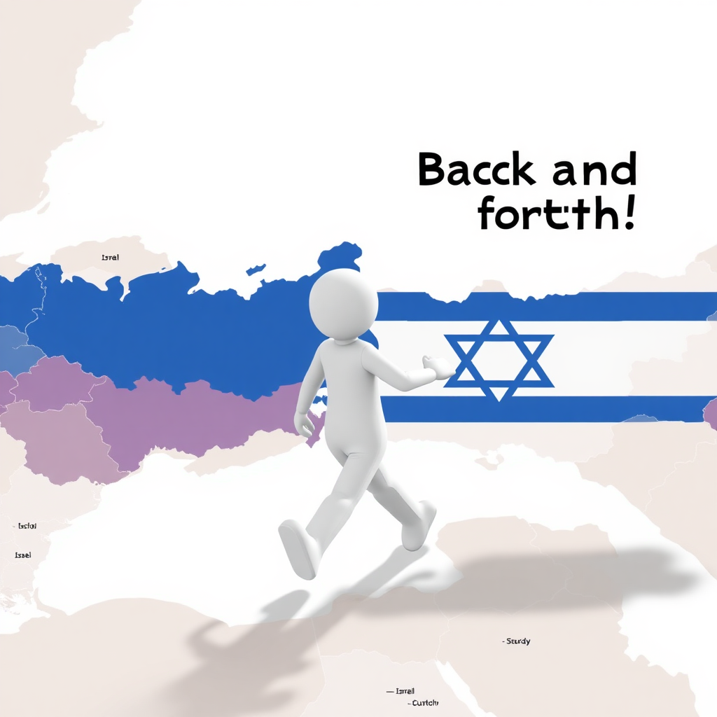 Silly person marching back and forth between the maps of Russia and Israel who says: "Back and forth!"