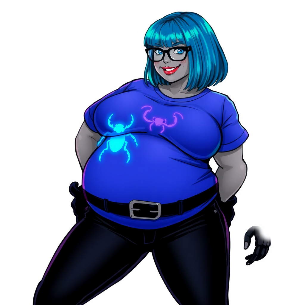 A 28-year-old, full-figured, metallic middle gray skinned computer program hybrid with a maximum blue bob cut. She has a non-athletic build, highlighted by a prominent, round, large midsection (with emphasis on her belly). As a digital sidekick, computer hacker, and nerdy girlfriend to her cyberpunk vigilante boyfriend, her middle gray metallic skin and maximum blue lipstick emphasize her digital nature. She wears a tight-fitting, maximum blue t-shirt (accentuating her large belly) with a neon blue glowing chest icon of a beetle, black pants, a black belt with a sapphire scarab buckle, and black gloves. Her bright blue eyes, black eyeglasses, and lovestruck smile with neon red blush accentuate her nerdiness. She stands bashfully with her hands behind her back, her t-shirt covering her midsection (especially her large belly) and emphasizing her full-figured, non-athletic physique. She is on a solid white background. She is drawn as if she was in a retro 2D cyberpunk fighting game. She is clearly non-athletic, with a focus on her full-figured physique. Ensure her t-shirt covers her midsection (especially her large belly).