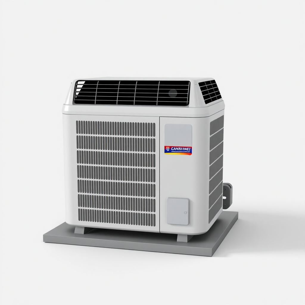 A simple, 3D model of a standard residential outdoor air conditioning unit or condenser. The unit should be placed on a flat surface. The unit should be a neutral color. Plain, uncluttered background. No text.