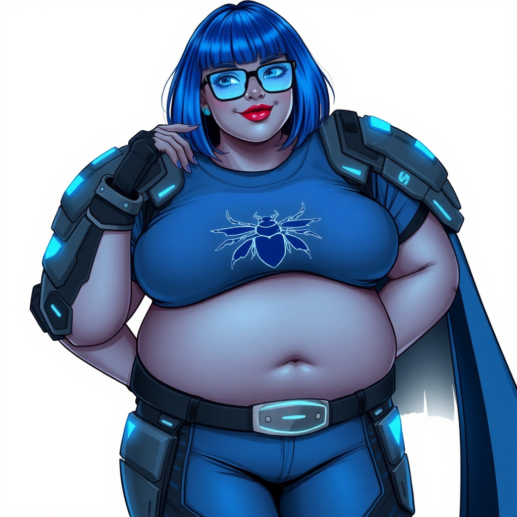 A 28-year-old, full-figured, middle gray skinned computer program hybrid with a maximum blue bob cut. She has a non-athletic build, highlighted by a prominent, round, large midsection (with emphasis on her large belly), which shows the aftermath of her pampering. As the heavily pampered digital sidekick to her cyberpunk vigilante boyfriend, her middle gray metallic skin and maximum blue lipstick emphasize her digital nature. She wears a digital, computerized costume inspired by DC’s Carrie Kelly Robin, consisting of a huge, tight-fitting, maximum blue t-shirt with a neon blue glowing chest icon of a beetle, hi-tech shoulder pads with neon blue accents, a black hi-tech belt with a digital neon blue glowing buckle, digital maximum blue pants with neon blue accents, and black hi-tech fingerless biker gloves with neon blue glowing accents. Her neon blue glowing eyes, black eyeglasses with a neon blue glowing HUD built into the lenses, and shy smile with neon red blush accentuate her nerdiness. She stands bashfully with one hand behind her back and the other hand gently touching her cheek, her costume covering all her skin and emphasizing her full-figured physique (especially her belly). She is clearly non-athletic, with a focus on her full-figured physique. Despite her build, she radiates beauty. She has a slim face compared to her physique, accentuating her radiant beauty. She is on a solid white background. She is drawn as if she were in a retro 2D cyberpunk fighting game.