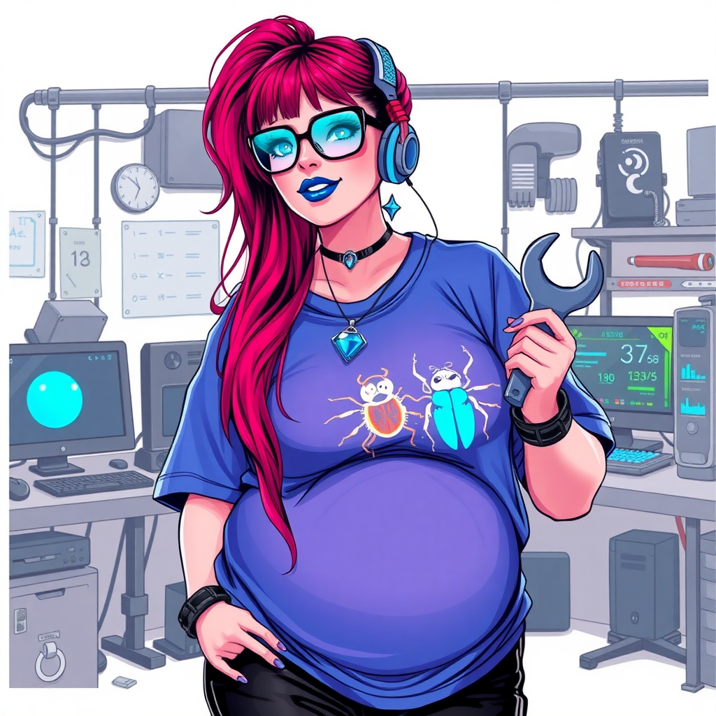 A cyberpunk vigilante’s full-figured intelligent and tech-savvy 29-year-old girlfriend, who is a computer hacker and tech genius. She has a long ruby red ponytail streaked with sky blue. She wears maximum blue lipstick, blue eyes, a sapphire beetle gemstone necklace, sapphire earrings, black eyeglasses, a futuristic holographic wristwatch computer, and an oversized maximum blue t-shirt featuring a neon blue beetle chest emblem. She has a full-figured, well-rounded physique with a prominent, round midsection, reflecting her well-cared-for lifestyle. Her round midsection is broadened and bloated to emphasize her figure. She sports a sapphire headset with a high-tech maximum turquoise lensed HUD, and a shy smile with a neon red blush. She is holding a futuristic hi-tech wrench while standing in her workshop in front of her computer desk and work bench. The background is solid white. She is drawn as if she was in a retro 2D cyberpunk fighting game.