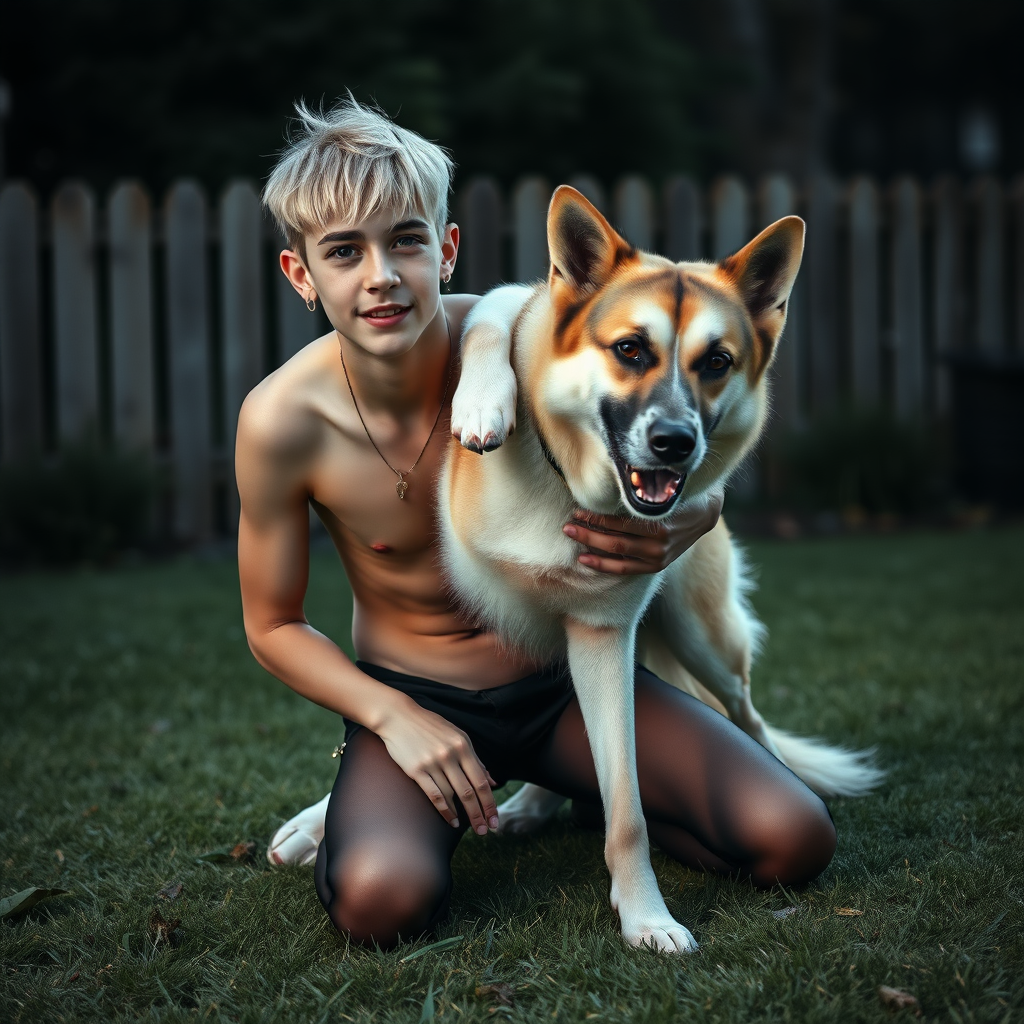 photorealistic, ultra high resolution, 16K, surreal fantasy, studio lighting, a pretty 16 year old goth male, slim male physique, short blonde hair, goth makeup, earrings, pantyhose, white ballet shoes, playing with his large dog in the yard - he is kneeling forward, while the dog stands up behind him and rests its paws on the boys shoulders, excited smile, facing the camera.