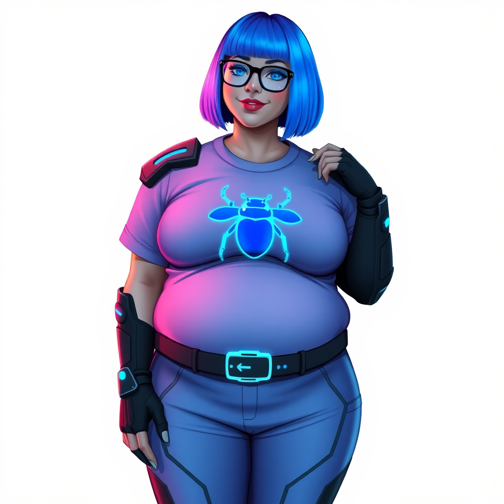 A 28-year-old, full-figured, metallic middle gray skinned computer program hybrid with a vibrant maximum blue bob cut. She has a non-athletic build, highlighted by a prominent, round, large midsection (fully emphasizing her round large belly) while being covered by her large t-shirt, reflecting her new junk food eating habits influenced by her boyfriend. As the full-figured, nerdy, digital sidekick to her cyberpunk vigilante boyfriend, her middle gray metallic skin and maximum blue lipstick underscore her digital essence. She dons a digital, computerized outfit: a large, tight-fitting, high-tech, maximum blue t-shirt with neon blue glowing beetle themed accents complete by a giant neon blue glowing beetle icon on the chest, hi-tech shoulder pads with neon blue accents, a black hi-tech belt with a digital sapphire beetle buckle, digital maximum blue pants with neon blue accents, and black hi-tech gloves with neon blue glowing accents. Her neon blue glowing eyes, black eyeglasses with neon blue lenses equipped with a built-in HUD, and shy smile with neon red blush highlight her nerdiness. She stands bashfully with one hand behind her back and the other gently touching her cheek, her outfit covering all her bare skin and fully emphasizing her full-figured physique (especially her large belly). She is clearly non-athletic, with a full focus on her full-figured physique (with full emphasis on her round large belly). Despite her build, she radiates beauty. Her slim face contrasts with her physique, accentuating her radiant beauty. She is set against a solid white background. She is drawn as if she were in a retro 2D cyberpunk fighting game.