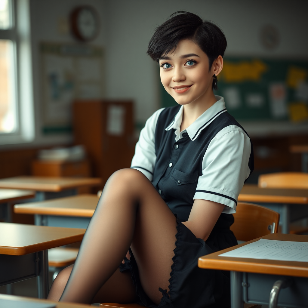 photorealistic, ultra high resolution, 16K, surreal fantasy, soft studio lighting, a pretty 16 year old goth male, slim male physique, short dark hair, blue eyes, goth makeup, earrings, sheer pantyhose, UK girls-school uniform, Mary-Jane shoes, sitting in the classroom, excited smile, facing the camera.