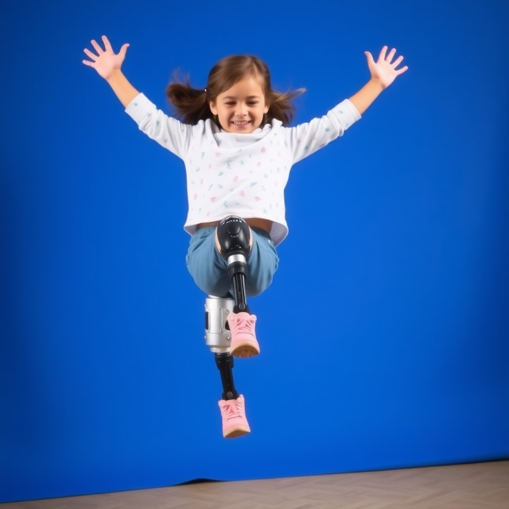 A girl with a leg amputation is jumping without using a prosthesis.