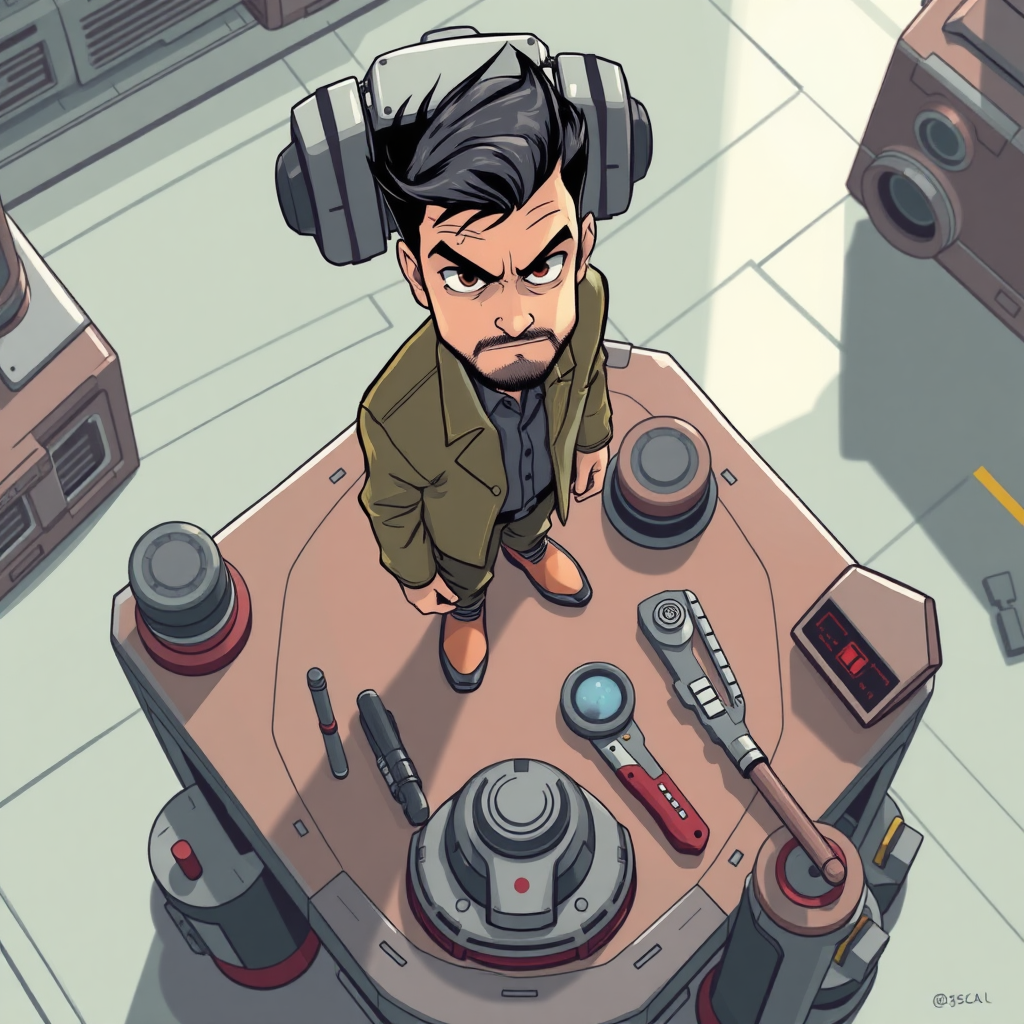 Stylized sci-fi digital drawing. High view angle. Small man standing on table near a set of futuristic tools that's look huge compared to him. Looking up at the viewer with arrogance.