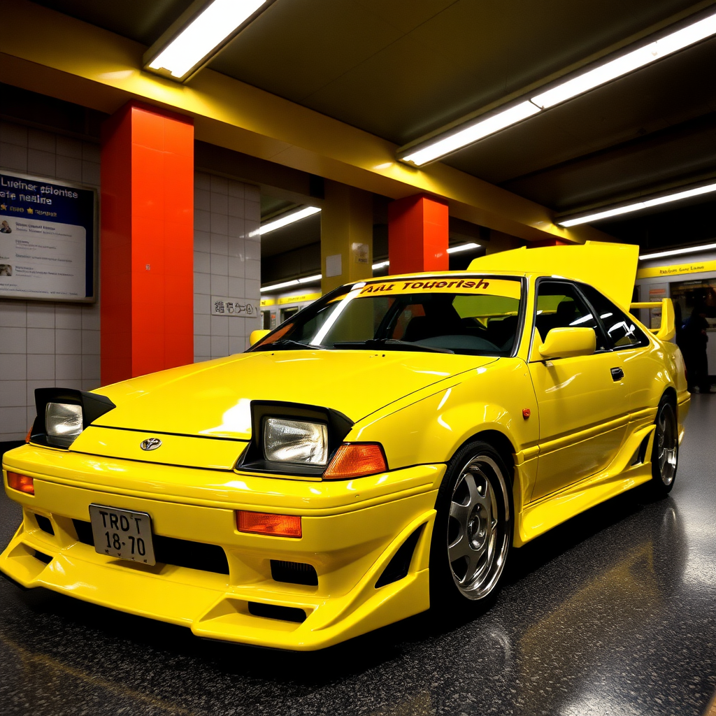 Lemon chrome toyota trueno tuning in Moscow subway station.