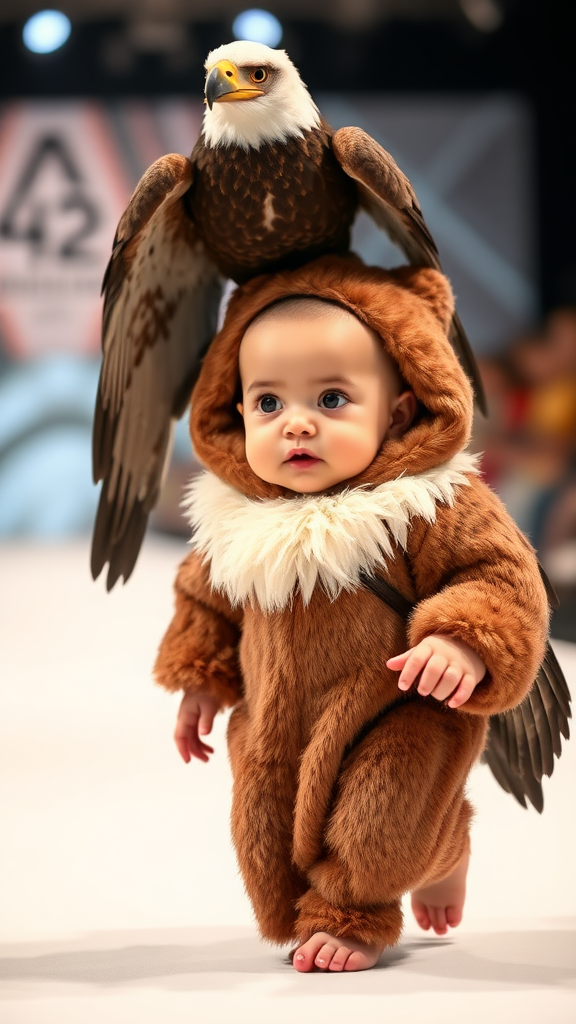 A cute small chubby fair baby with big eyes, pink lips, and pink cheeks, wearing a furry cozy eagle costume, is doing a ramp walk in a fashion show, walking with a real eagle, a cinematic eagle sitting on the baby's head.