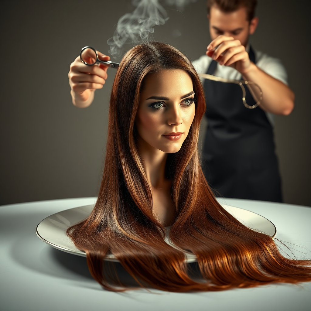 In a bizarre, surreal tableau, the polished surface of an elegant dining plate cradles the disembodied head of a strikingly beautiful Kate Middleton, her long, flowing hair cascading like a glossy waterfall of deep chestnut and honey highlights. The hair is luxuriously arranged, strands shimmering under the soft, ambient light that bathes the scene in an ethereal glow.

A skilled hairdresser, clad in a sleek black apron, stands poised with a pair of gleaming scissors, carefully trimming the endlessly luxurious locks that frame Kate's serene, almost ethereal features. The air is thick with the scent of salon products mingling with delicate hints of floral fragrances, creating an unusual yet strangely inviting atmosphere. The hairdresser's focused expression reveals a meticulous dedication as snippets of hair fall gracefully onto the pristine plate, echoing a sense of both artistry and absurdity.

The overall emotional tone conveys a dreamlike quality, inviting viewers to ponder the juxtaposition of beauty, identity, and the bizarre circumstances that bind them in this extraordinary moment.