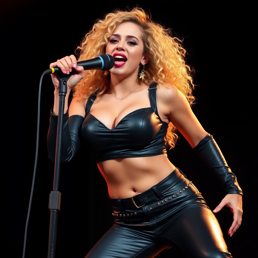 energetic young beautiful woman, leaning forward, very very large breasts, petite with big thighs, curly blonde, black leather top, leather pants with many rivets singing into a microphone with both hands gripping the microphone, black background, warm lighting