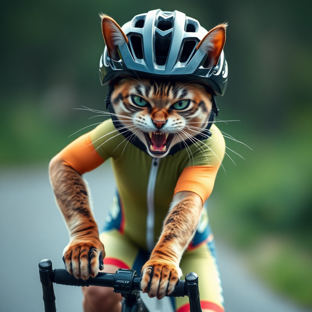 very angry cat in lycra cycling dress and helmet