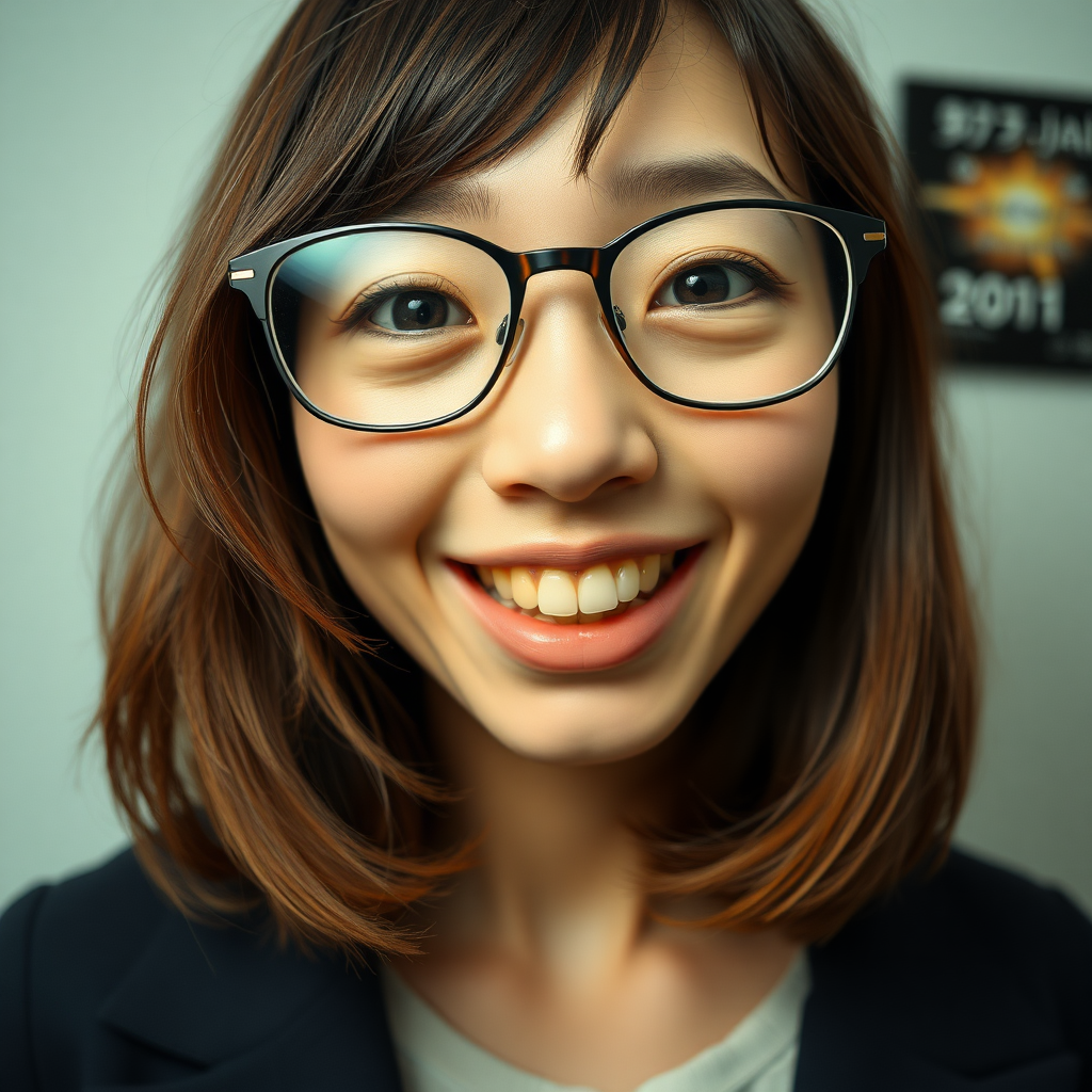 japanese nerdy skinny adult woman with big nose, big mouth, big yellowish teeth, moles, big eyeglasses and medium hair