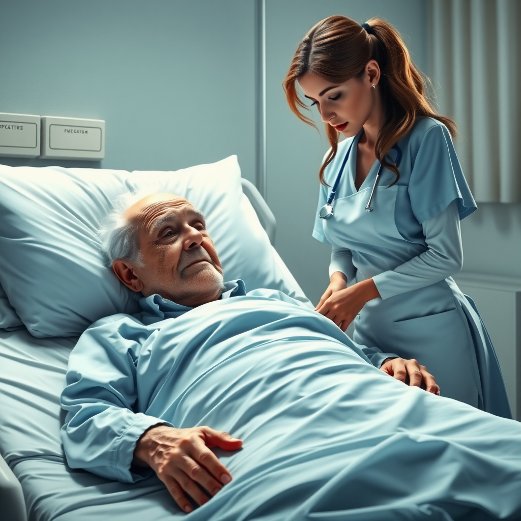 High quality, detailed, cinematic, Disney 3D style film poster of an old man on a hospital bed with a huge erection under the blanket and a young skinny attractive nurse "impotence."