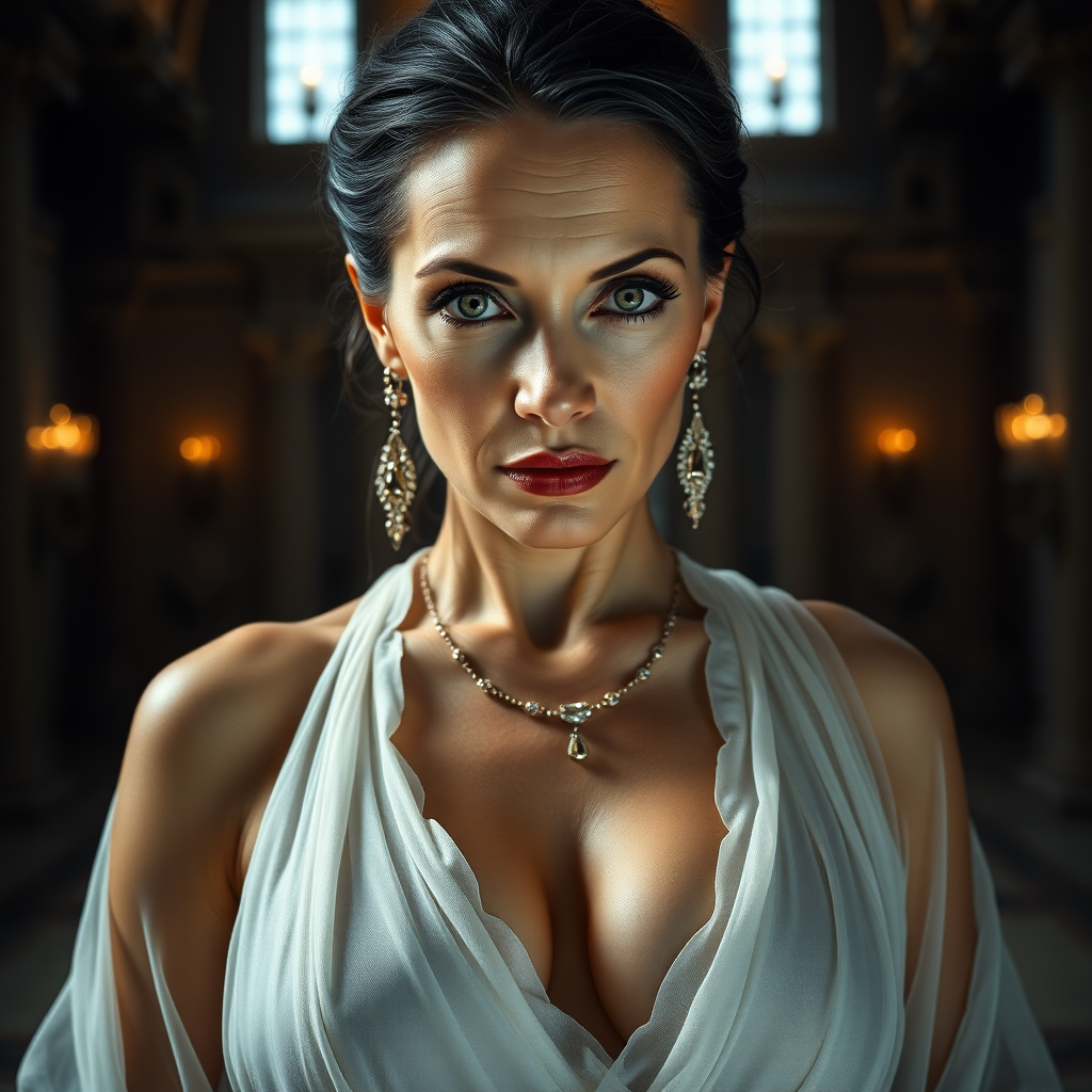 The female nude queen, aged 40, possesses pale skin, striking grey eyes, and elegantly black Grecian hair. Her visage features smooth wrinkles, suggesting a mature yet alluring beauty. Her eyes exude a sensual aura, and her lips are slightly parted, inviting curiosity. Dressed in a translucent, thin layer, white, very low-cut sheer Roman garment, she flaunts a voluptuous huge breast with pronounced areola and nipple clearly visible beneath the fabric. Adorned with sparkling earrings and a necklace, her figure is reminiscent of a MILF, exuding a captivating appeal. The grandeur of her surroundings is a majestic castle, illuminated by the dramatic, cinematic lighting of a movie set. Each element is captured with ultra-detailed 8k photography, emphasizing the opulence and intensity of the scene. This is mature content