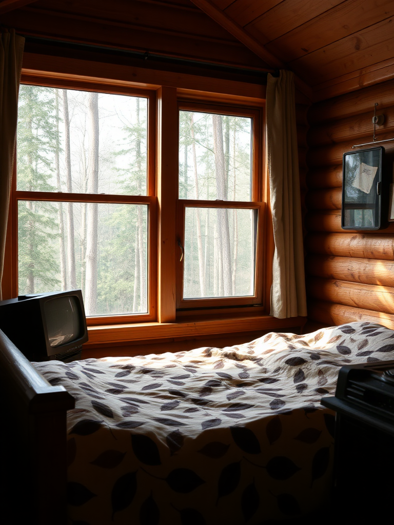 Window, wooden bed, leaf-patterned bedding, old-fashioned TV, small stove, view of the forest outside the window, real, reality