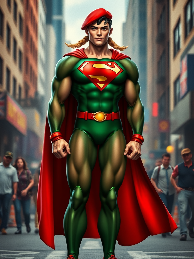 Create a full-length image of Superman with Cammy's (Street Fighter) body type. Retain Superman's core costume, but incorporate Cammy's signature green leotard and red beret. Highlight Cammy's muscular yet lean physique, broad shoulders, and long, toned legs. Set the background in a bustling Metropolis street with a hint of Cammy's British military influence, such as a subtle Union Jack graffiti. Ensure Superman's iconic 'S' symbol is prominently displayed on the chest.