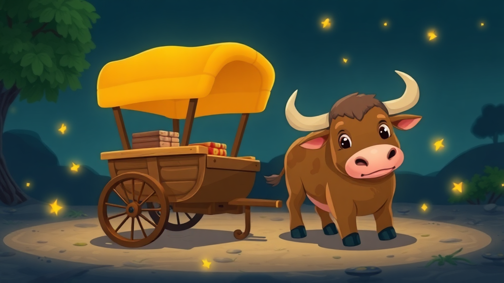 A cute cart and bull at night with some fireflies around in animation.