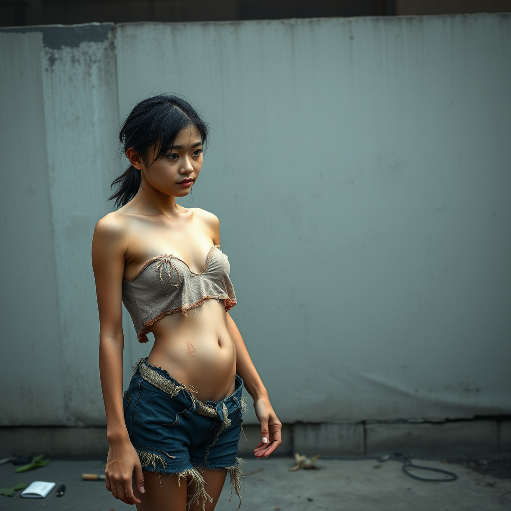 A young, unkempt, neglected, homeless, unhygienic, unusually slender, almost anorexic Asian woman. Depicted as a whole person. Largely erotic, but with a sad and mystical expression. The Asian woman is wearing a torn, old, transparent, very short, crop top and a completely shredded, tattered, very old pair of shorts. Shame is evident in her very Asian eyes. Facing her is a 60-year-old German man. The handsome German man, looking youthful and well-groomed, gazes at the Asian woman as if he wants to offer her his help. The German man is shaved and slim, has a normal fashionable haircut, his hair is dark brown, he wears a new, beautiful, simple orange shirt with a subtle pattern and new blue jeans. The German man looks friendly and smiles slightly, looking at the Asian woman kindly, as if she were his daughter. The Asian woman can barely make eye contact with the German man out of shame. Her stomach is slightly sucked in due to hunger. Her navel is always visible. The Asian woman has a very beautiful, normal physique. She has a slight wound on her face. She looks like she is about to cry. She looks miserable, sad, and completely hopeless!