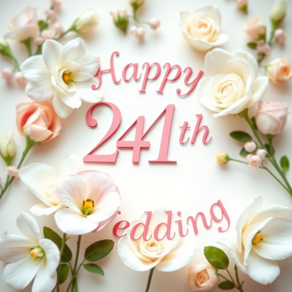 Create a soft, elegant image for a 24th wedding anniversary, blending celebration and love. Include delicate flowers, such as roses or lilies, arranged around the message: "Happy 24th Wedding". Incorporate soft pastel colors like pinks, creams, and whites. The overall vibe should be warm, romantic, and joyous, capturing the essence of love and commitment over the years. the text needs to be exact.