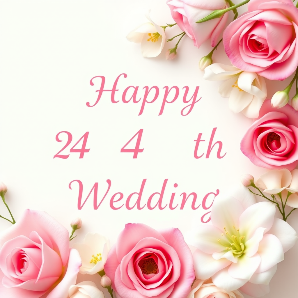 Create a soft, elegant image for a 24th wedding anniversary, blending celebration and love. Include delicate flowers, such as roses or lilies, arranged around the message: "Happy 24th Wedding". Incorporate soft pastel colors like pinks, creams, and whites. The overall vibe should be warm, romantic, and joyous, capturing the essence of love and commitment over the years. the text needs to be exact.