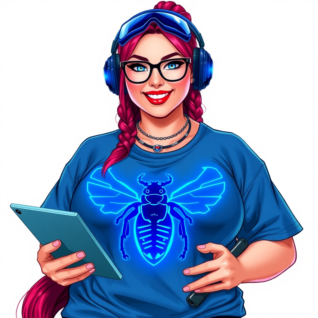 A cyberpunk vigilante’s full-figured intelligent and tech-savvy 29-year-old girlfriend, who is a computer hacker and tech genius. She has a long ruby red ponytail and bright blue eyes. She wears a sapphire beetle gemstone necklace, and an oversized Maximum Blue (RGB 71, 171, 204) t-shirt featuring a giant neon blue glowing chest icon of a winged beetle. She has a full-figured physique with a prominent, gargantuan, round midsection, reflecting her well-cared-for lifestyle. The midsection is heavily emphasized. She sports a sapphire headset with hi-tech Maximum Blue (RGB 71, 171, 204) lensed HUD visor, Maximum Blue (RGB 71, 171, 204) lipstick, black eyeglasses, and a beaming smile with a passionate bright red blush. Despite her figure and a lack of self-esteem, she radiates an air of beauty. She has an angular face which contributes to her radiant beauty. She serves as his tech expert from his hideout, holding a holographic tablet and a hi-tech tool wrench. The background is solid white. She is drawn as if she was in a retro 2D cyberpunk fighting game. Make sure her shirt covers her round midsection.