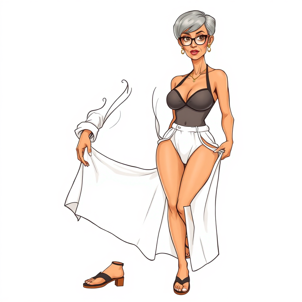 a towering 55 Years old, fit, slim, European, Latina, sharp aquiline nose, wrinkles, high cheekbones, Middle Eastern, Skinny, Tanned skin, Dark light skin, Rounded Medium breasts, Skinny thighs, full Makeup, jewelry, Serious face, Sharp nose, Ash hair, short bowl haircut, Brown eye color, Glasses, with detailed features. she is wearing an open white shirt, a black mesh balconette bras and a tight white high cut 1980s mesh cut out swimsuit and fully transparent white linen slit open pleated mini skirt, detailed fabric, detailed fabric. full body, high heels sandals, rolling up her skirt over her thighs, she is inviting the viewer to get closer, long establishing shot, 2D, caricature, cartoon, Sketch lines, coloring book, coloring book style on white background, well composed, clean coloring book page, No dither, no gradient, strong outline, No fill, No solids, vector illustration, realistic proportions