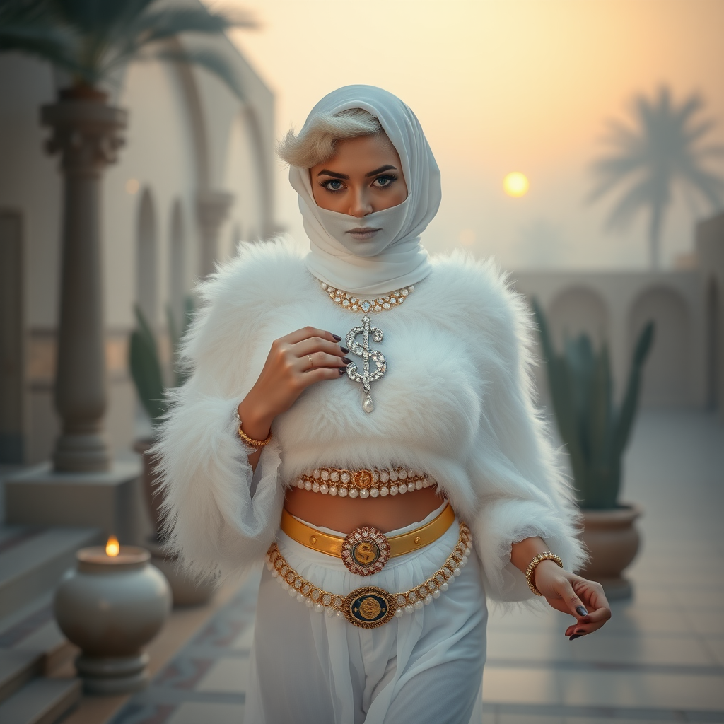 Kuwait desert palace harem patio misty dawn: Melissa, European 17 years old very convincing femboy “trophy-bimbo”, tamed servile docile, very beautiful feminine flawless face, rather short, by hormones very curvaceous womanly figured, platinum blond short tight curls, heavily made-up eyes, wearing Supertanya-style fluffy very fuzzy bright white angora turtleneck-poncho cropped ending under bust decorated with pearls and gemstones, striking oriental wide gold bridal protection belt, white fully transparent harem pants, full Oriental bridal jewelry, face covered by white sheer full Burka, coin anklets, striking diamond “$$$” letter brooch on left chest, pout frustrated, seductively dancing for the sheik, looking at camera. Focus on face and turtleneck-poncho.