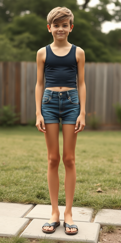 photorealistic, ultra high resolution, 16K, a tall, skinny, 14yo boy wearing crop thin tank top, denim tight booty shorts, long legs, bare thighs, bow cut. At backyard. Full length view. Vintage family photo, 1980s.