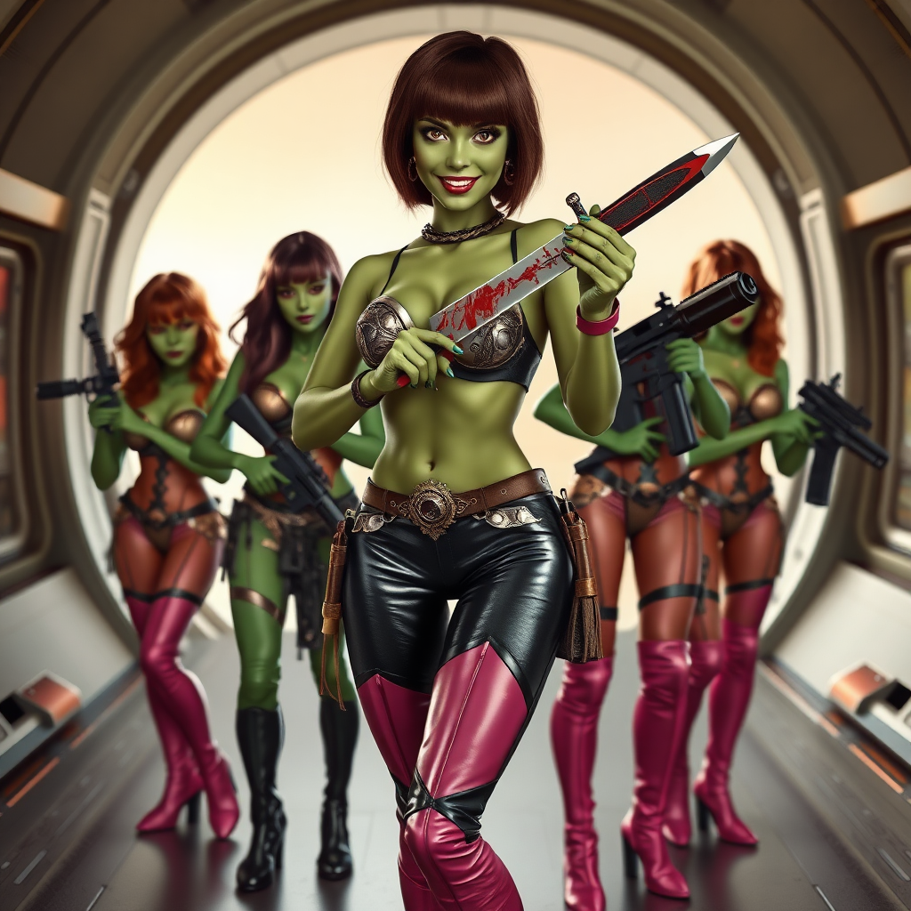 Tall, beautiful green skinned woman. Her brown hair is in a shag-cut style. Her eyes are gold. She is dressed in an ornate metal bra. She is wearing black leather pants, with pink knee high boots. She is holding a large, bloody dagger in a threatening manner. She is smiling. A sci-fi looking gun is holstered at her hip. Four other green-skinned women, dressed in metal bikinis, each carrying a weapon, stand with her. They are at a sci-fi looking space-port.