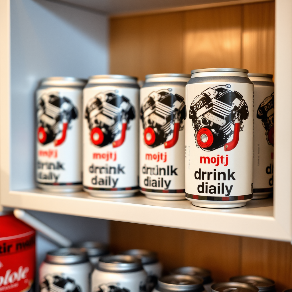 a small shelf with cans that have an image of car engine on the label and text saying "motor oij drink daily"