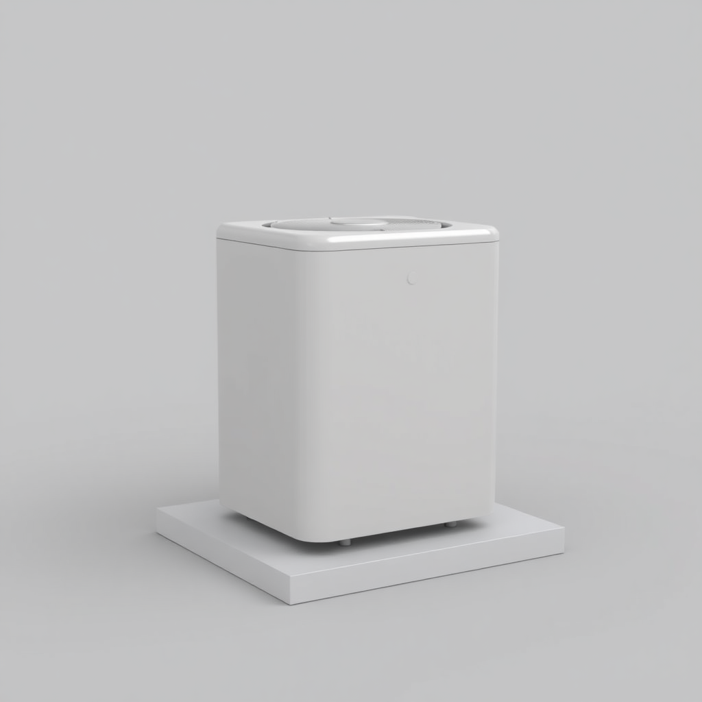 A simple, 3D model of a standard residential outdoor air conditioning unit or condenser. The unit should be placed on a flat surface. The unit should be a neutral color. Plain, uncluttered background. No text.