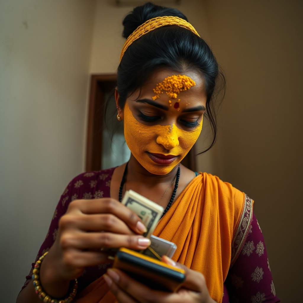 wide angle image of a slim, curvy, 30 year old indian maid with hair covering bun, her face is covered with turmeric mask. she is stealing money from wallet.