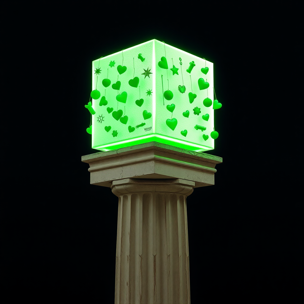 A photograph of a small, ancient Greek column with weathered, fluted details at the base. Atop the column is an oversized, glowing green rectangular volume, designed as a funky art installation. The glowing structure casts an eerie light on the small column, and numerous quirky green objects—like small hearts, stars, and abstract shapes—hang from the bright volume. The surreal, playful installation creates a striking contrast between the ancient column and the modern, glowing design.