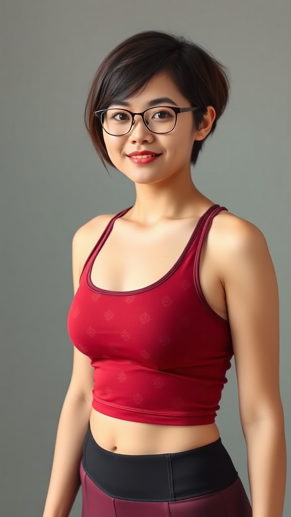 A beautiful Chinese woman, 30 years old, short hair, wearing glasses, full figure, small chest, yoga pants, tank top.