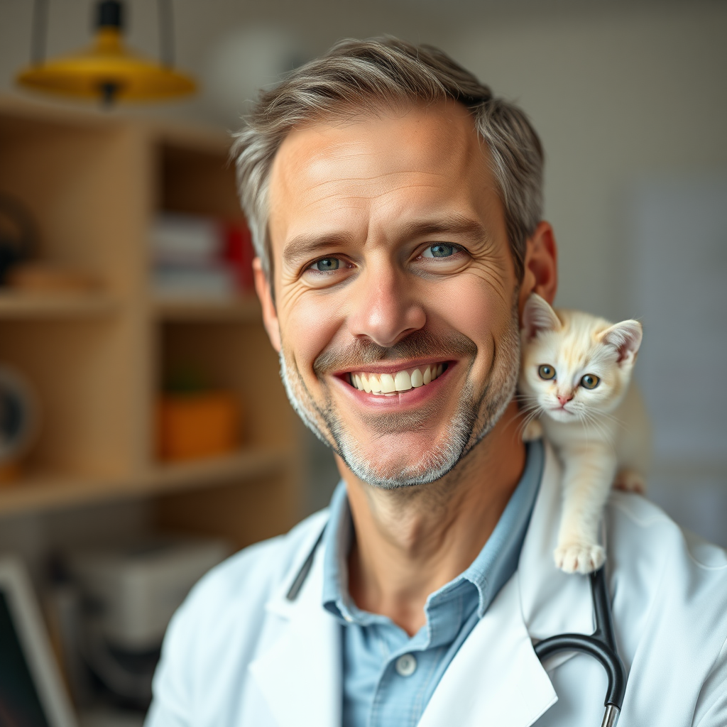 a 57yo handsome swiss doctor, very reliable look, on his studio, nice smile, really professional look, extremely photorealistic image, no rings. there is a handsome insanely cute little white kitten on the doctor's shoulder, extremely realistic, the doctor's teeth are stunningly clean and white and are simply perfect,