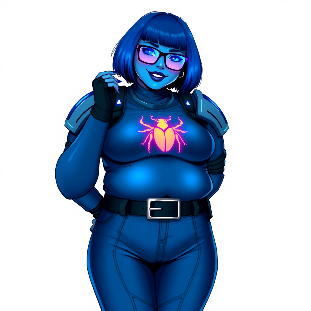 A 28-year-old, full-figured, metallic maximum blue (5PB 5/10) skinned computer program hybrid with a maximum blue bob cut. She has a non-athletic build, highlighted by a prominent, round, large midsection (with heavy emphasis on her round large belly), which shows the effects of her love of junk food acquired from her boyfriend. As the full-figured, nerdy, digital sidekick to her cyberpunk vigilante boyfriend, her metallic maximum blue skin and maximum blue lipstick (5PB 5/12) emphasize her digital nature. Her skin has a subtle, animated glow, with digital patterns occasionally flickering across it, making her digital nature obvious. She wears a digital, computerized costume, consisting of a massive, tight-fitting, maximum blue biker shirt (5PB 5/12) made out of advanced nanotech with a neon blue glowing chest icon of a beetle, hi-tech shoulder pads with neon blue accents, a black hi-tech belt with a digital neon blue glowing buckle, digital maximum blue biker pants (5PB 5/12) with neon blue accents, and black hi-tech fingerless biker gloves with neon blue glowing accents. Her neon blue glowing eyes, black eyeglasses with neon blue glowing lenses equipped with a built-in HUD, and bashful smile with neon red blush accentuate her nerdiness. She stands bashfully with one hand behind her back and the other hand gently touching her cheek, her costume covering all her skin and emphasizing her full figure (especially her round large belly). She is clearly non-athletic, with a focus on her full-figured physique. Despite her build, she radiates beauty. She has a slim face compared to her physique, accentuating her radiant beauty. She is on a solid white background. She is drawn as if she were in a retro 2D cyberpunk fighting game.