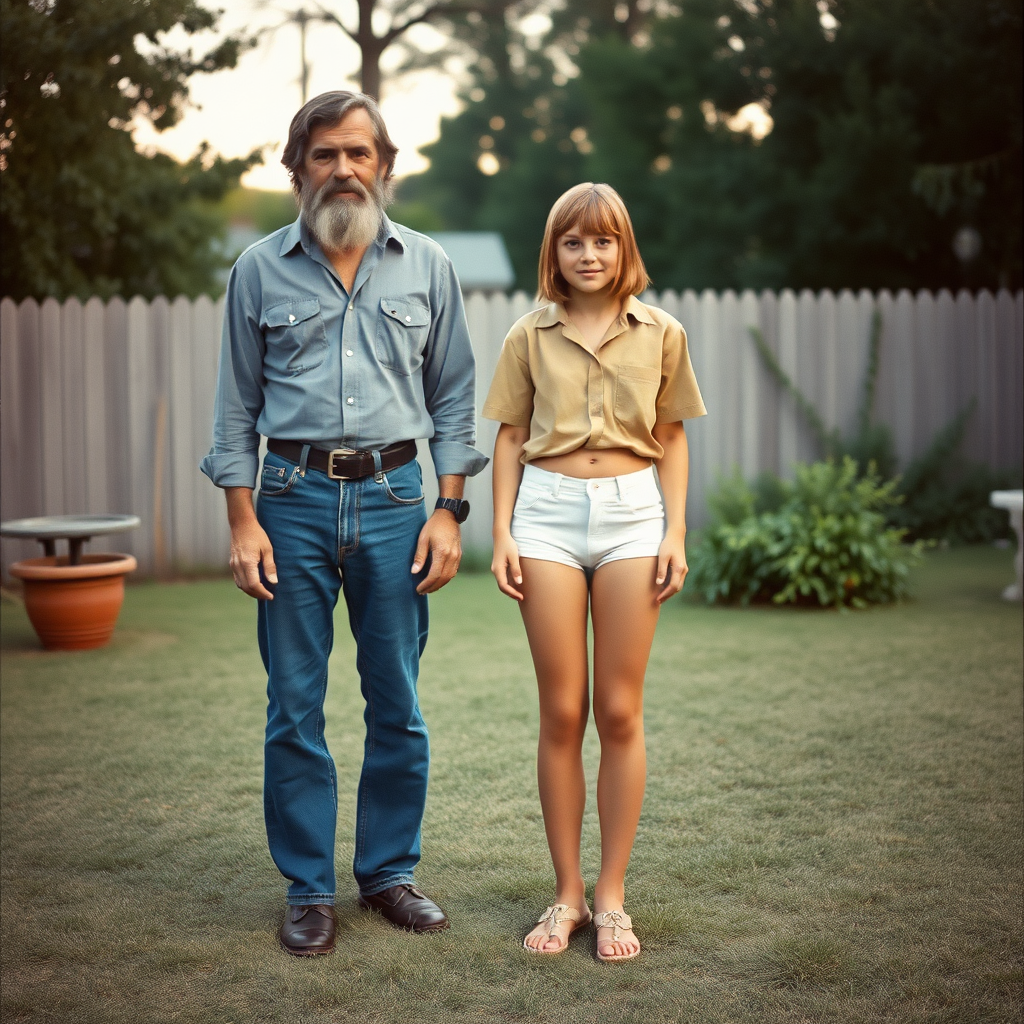 tall 14yo teen boy, long hair bob cut, wearing shirt and very tight booty shorts, long legs, narrow thighs, full-length front view. with bearded father wearing shirt, long jeans, shoes. 1970s. At backyard.
photorealistic, ultra high resolution, 16K,
Negative: grainy, blurry, bad anatomy, extra limbs, watermark.