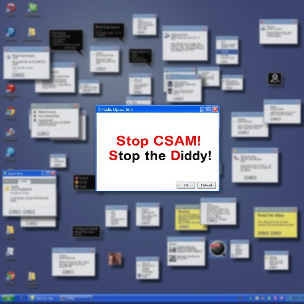 a windows xp desktop with a virus showing a lot of popups everywhere, and there is a big window at the center saying "Stop CSAM! Stop the Diddy!" with a dangerous tone and color.