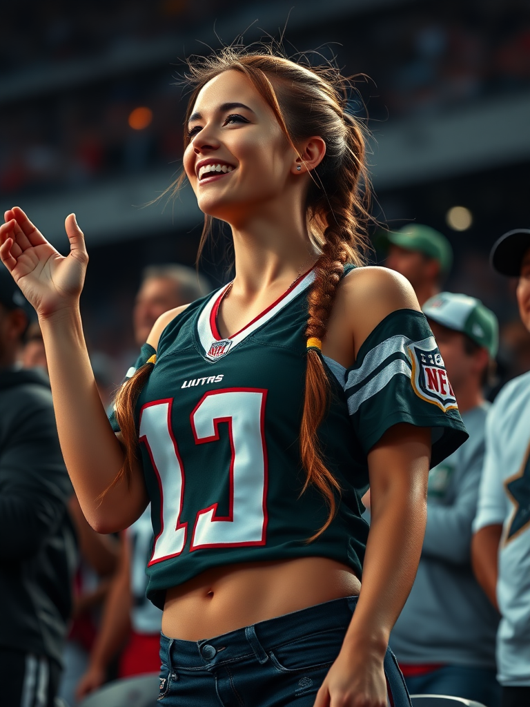 Extremely hot female NFL fan, pigtail hair, jersey, cheering, inside the crowd