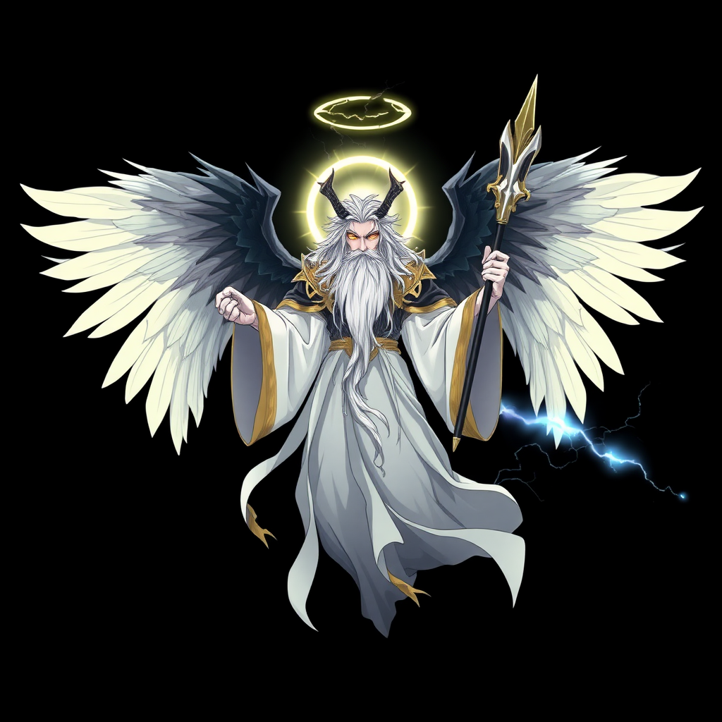 (Anime styled art) Black background of a divine yet sinister figure, floating ominously in mid-air. The being, known as YHVH/Enlil, radiates both light and darkness, with four angelic wings on top and two demonic wings on the back. A shattered halo hovers above its head, casting a fractured cracked glow. Dressed in flowing robes of white, gold, and black, the figure's long beard sways gently in the air. Its fiery ember eyes burn with a wrathful intensity, exuding a presence both holy and malevolent, he is holding a holy-golden-blue-lightning spear in left-hand.