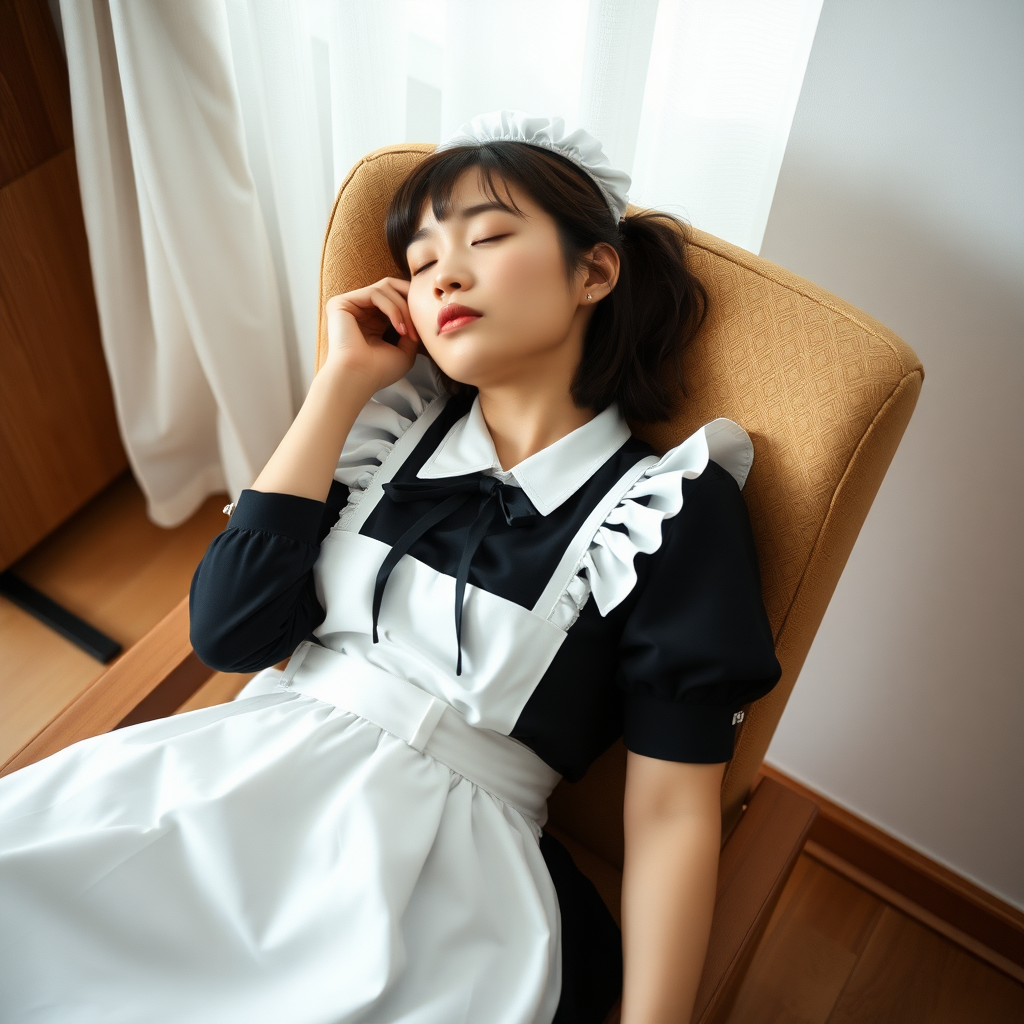 photo low angle view from floor beautiful young woman Marina Hasegawa wearing maid outfit dozes in chair. camera is looking up at her