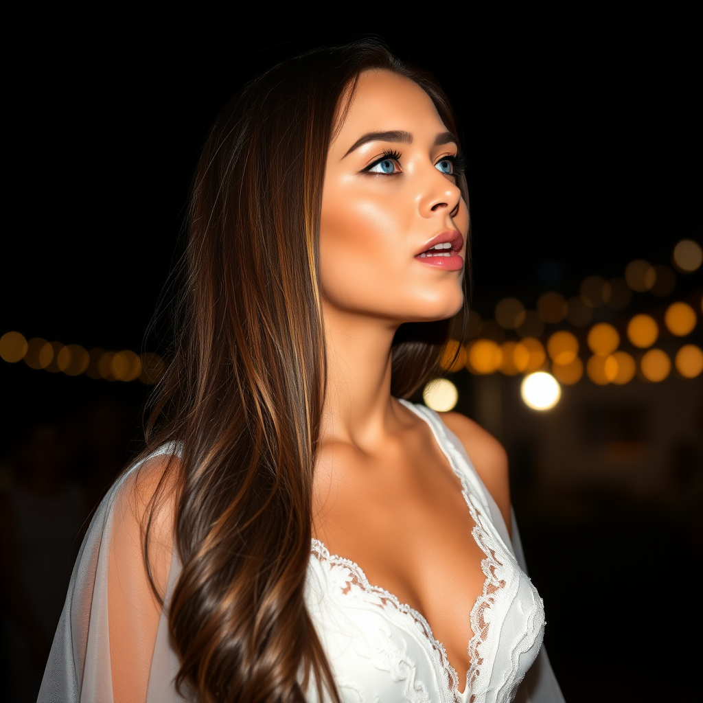 a young woman singing. long brunette hair with highlights, bright blue eyes. suntanned skin. small lips colored pale rose. looking to the side. wearing an elegant long white dress with transparent lace. view from far. night sky in background. photo