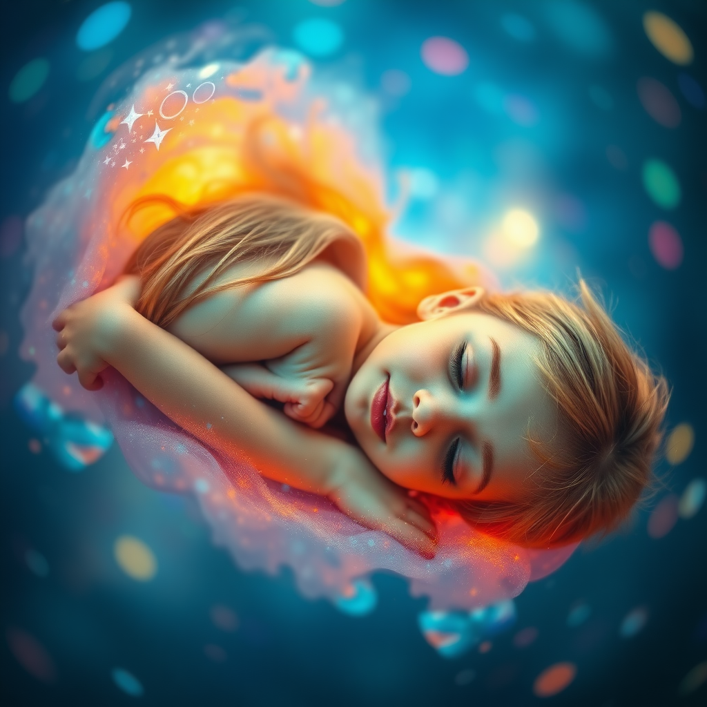 preteen girl sleeping, floating in space, Low Key Lighting, dreamscape, nebula, Bokeh, abstract, brilliant colors, glittering, translucent, iridescent, natural skin, glowing, artistic photo, wide angle, cute, interesting, microscopy, airy, original, experimental, refraction