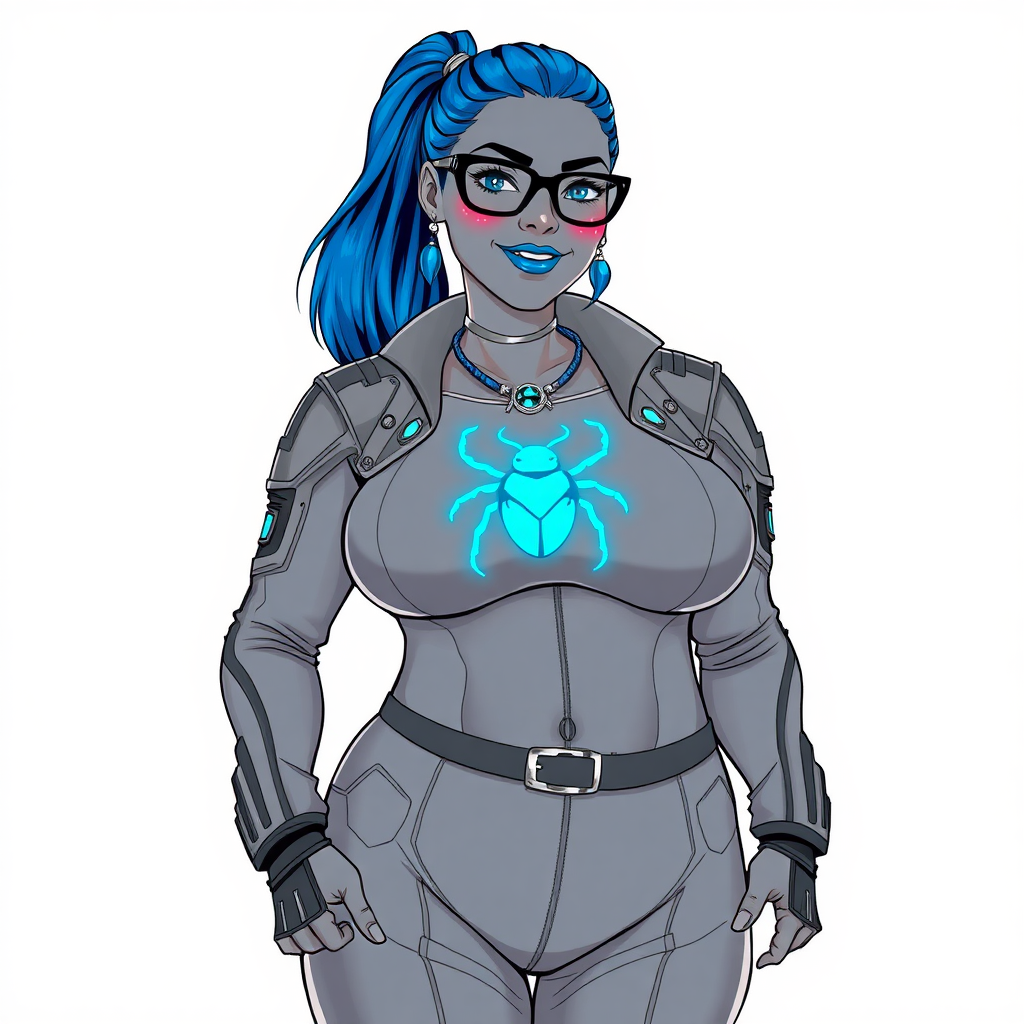 A cyberpunk vigilante’s full-figure middle gray metallic skinned computer program hybrid 28-year-old digital sidekick and loyal girlfriend. She has a long maximum blue ponytail and middle gray metallic skin that blends with her outfit appearing to merge together into computer data. She wears maximum blue lipstick, blue eyes, a sapphire beetle gemstone necklace, sapphire earrings, black eyeglasses, and an oversized, digital, computerized, middle gray nano suit featuring a neon blue glowing beetle chest icon that accentuates her prominently, round, gargantuan midsection. She sports a beaming smile with a neon red blush. She serves as his minicomputer operating in his hi-tech wristwatch and supercar's onboard computer using her ability to hack into machines and computers to relay vital mission information. The background is solid white. She is drawn as if she was in a retro 2D cyberpunk fighting game. Her midsection is bloated to emphasize her figure.