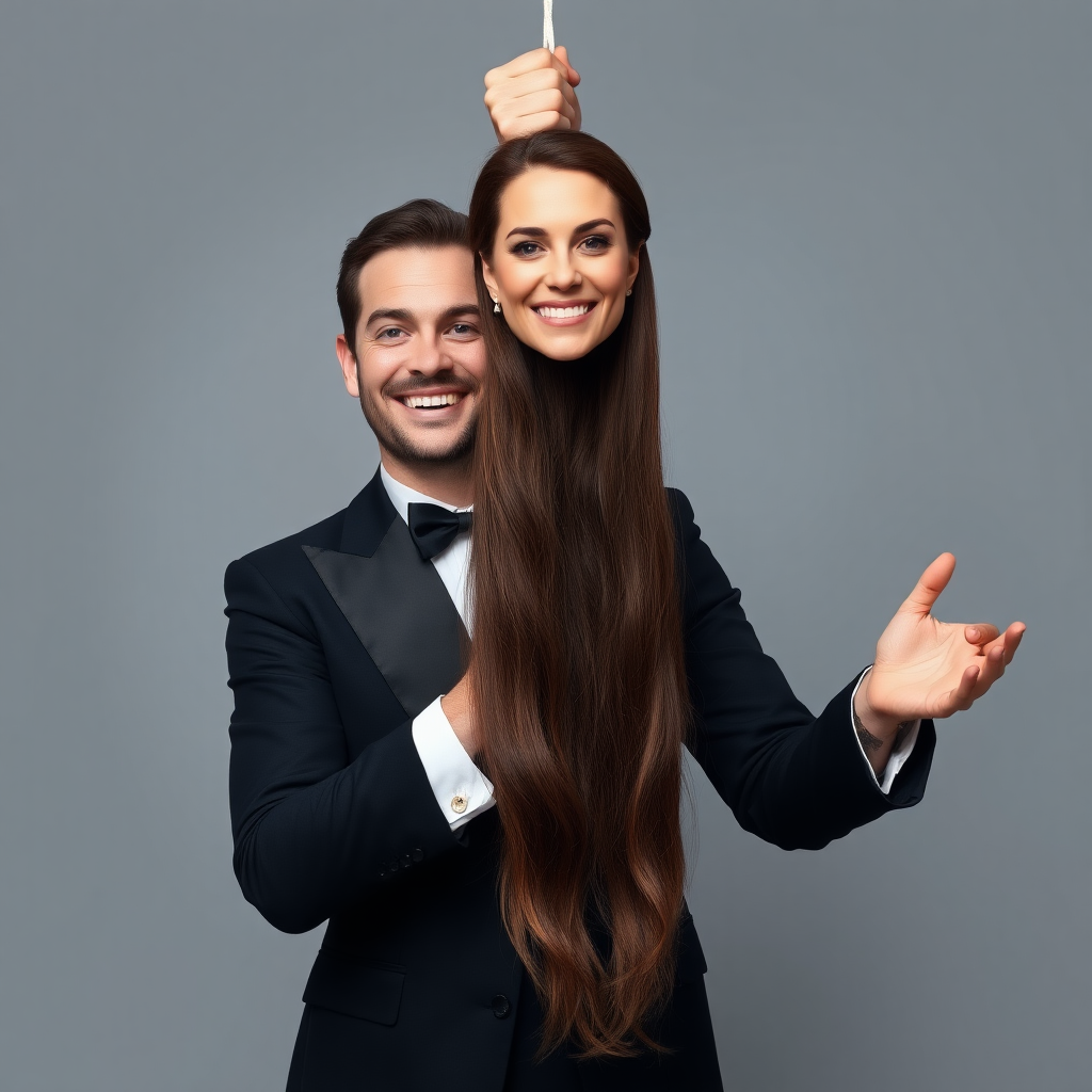 A surreal image of a smiling male magician holding up the disembodied head of a very long haired Kate Middleton. He is grabbing her very long hair and pulling it up high in the air, while her head is hanging by her hair from his grasp to display it to the camera. Plain gray background.